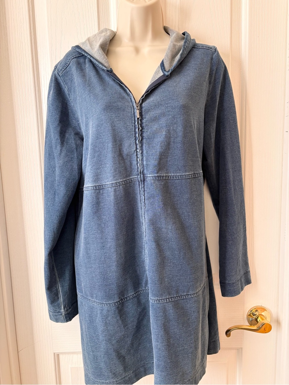 Washed Blue Hooded Denim-Style Jean Jacket - Picture 2 of 6
